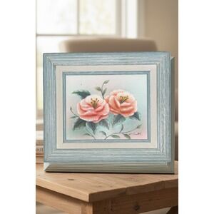 Vintage K Smith Signed Floral Oil Painting Framed Peach Roses Camellias Art